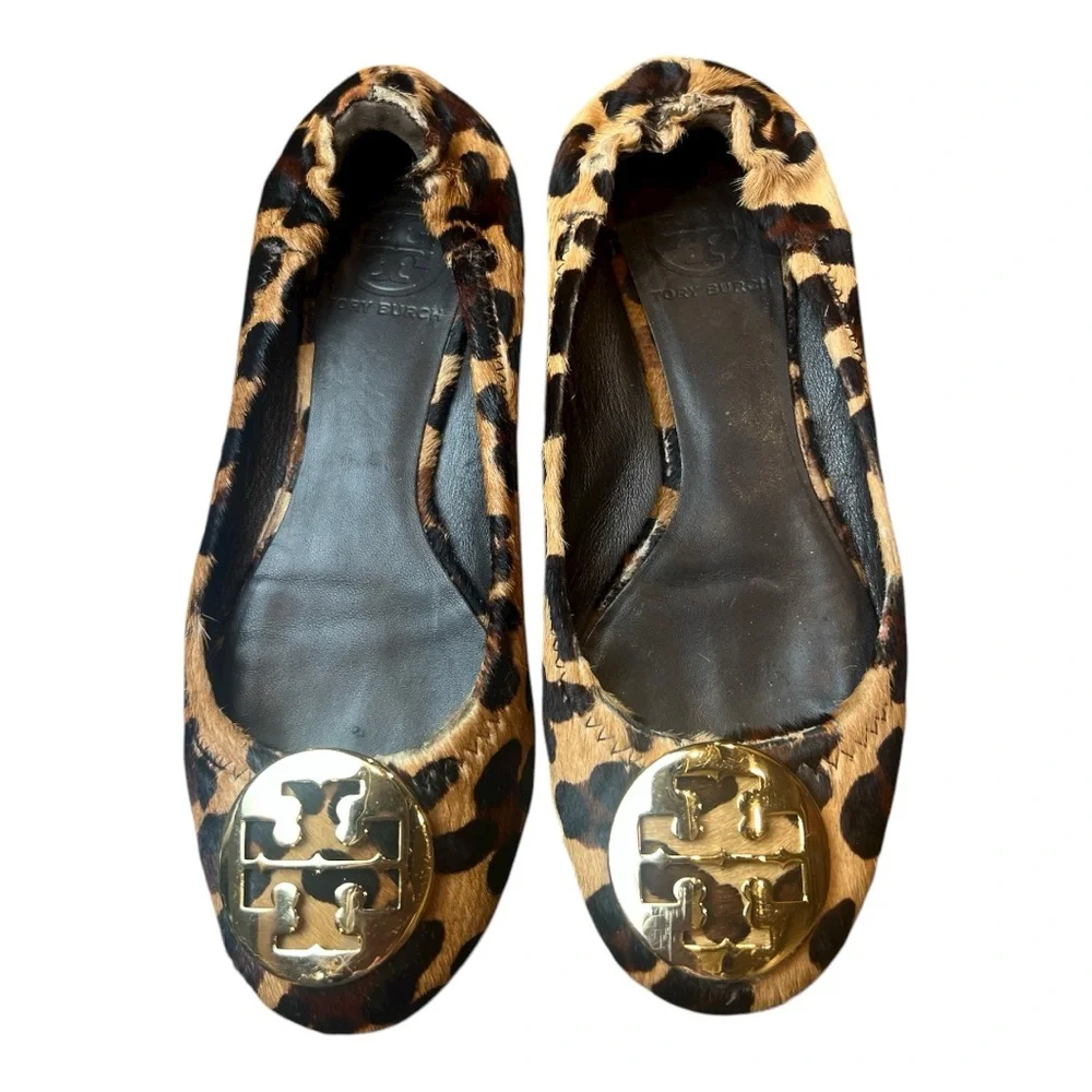 Tory Burch Reva calf skin leather leopard print slip on ballet flat shoes sz 6.5